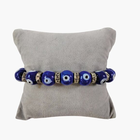 Evil Eye Beaded Stretch Bracelet Blue Ceramic Beads Rhinestone Accents - Picture 1 of 4